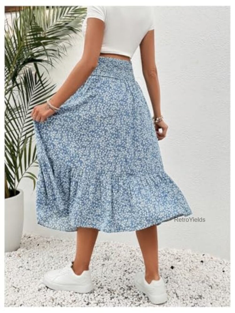 Maternity Floral Midi Skirt - Shirred High Waisted Flowy Casual Pregnancy Skirt - Picture 2 of 6